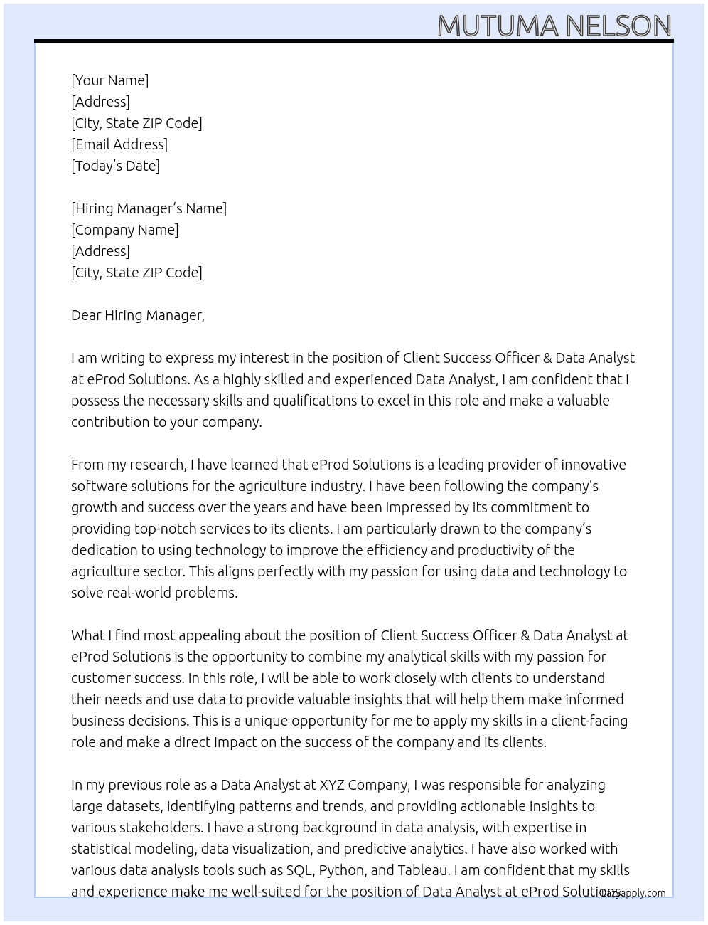 Client Success Officer & Data Analyst At eProd Solutions Cover Letter