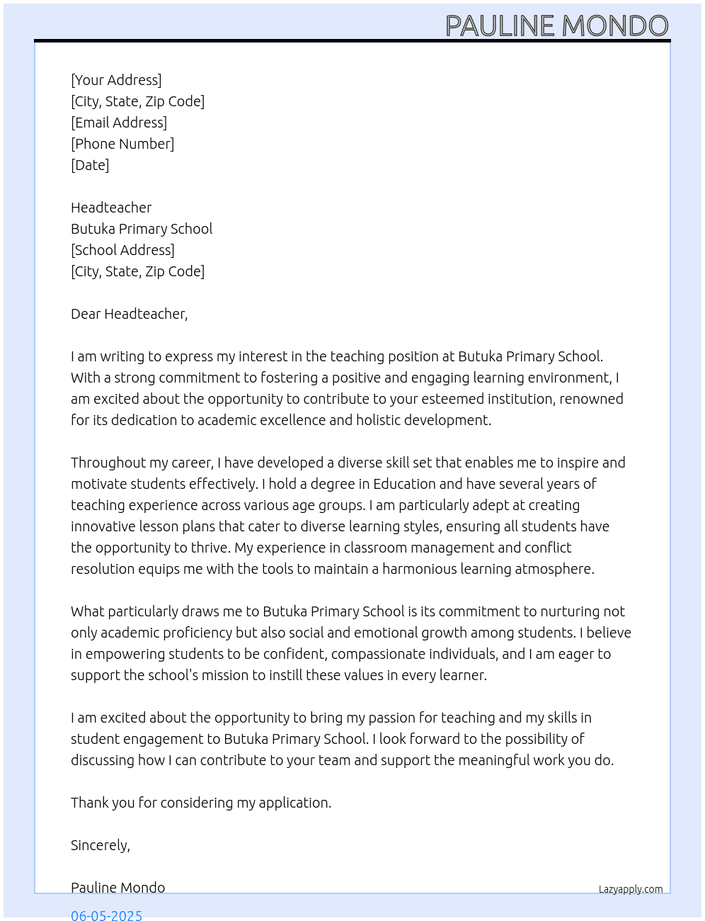 Teacher At Butuka Primary School Cover Letter