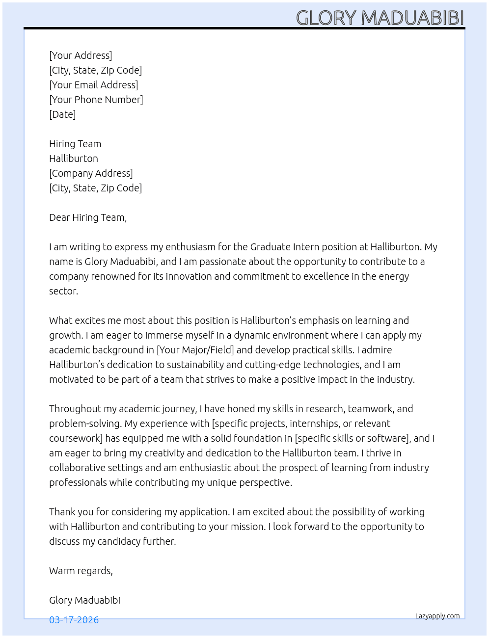 Graduate Intern At Halliburton Cover Letter