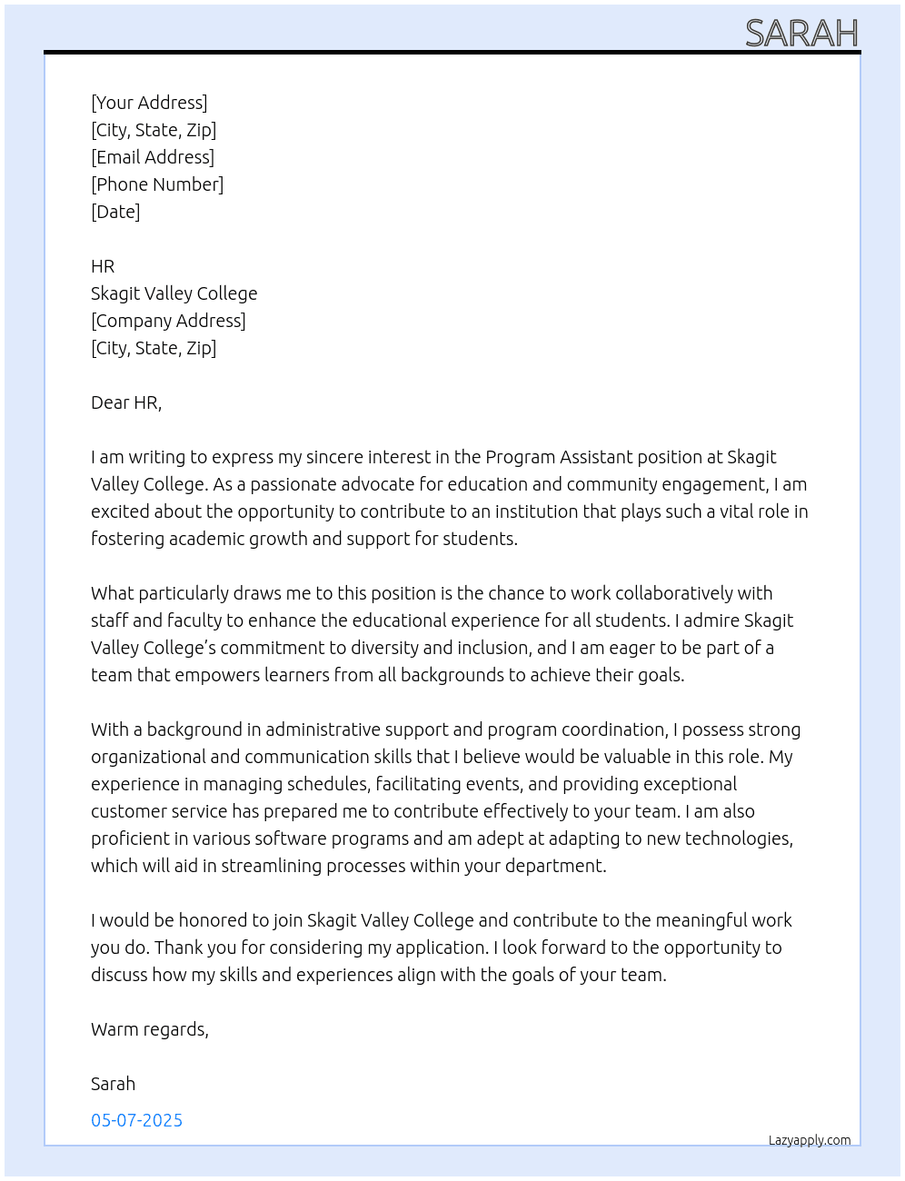Program Assistant At Skagit Valley College Cover Letter