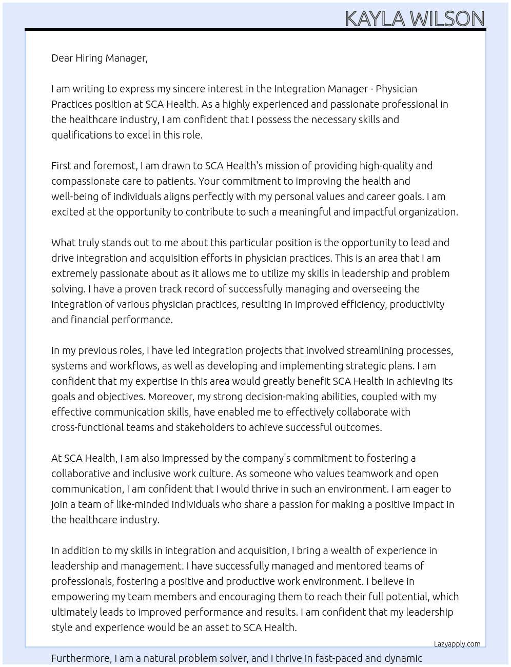 Cover letter for integration manager - physician practices - LazyApply