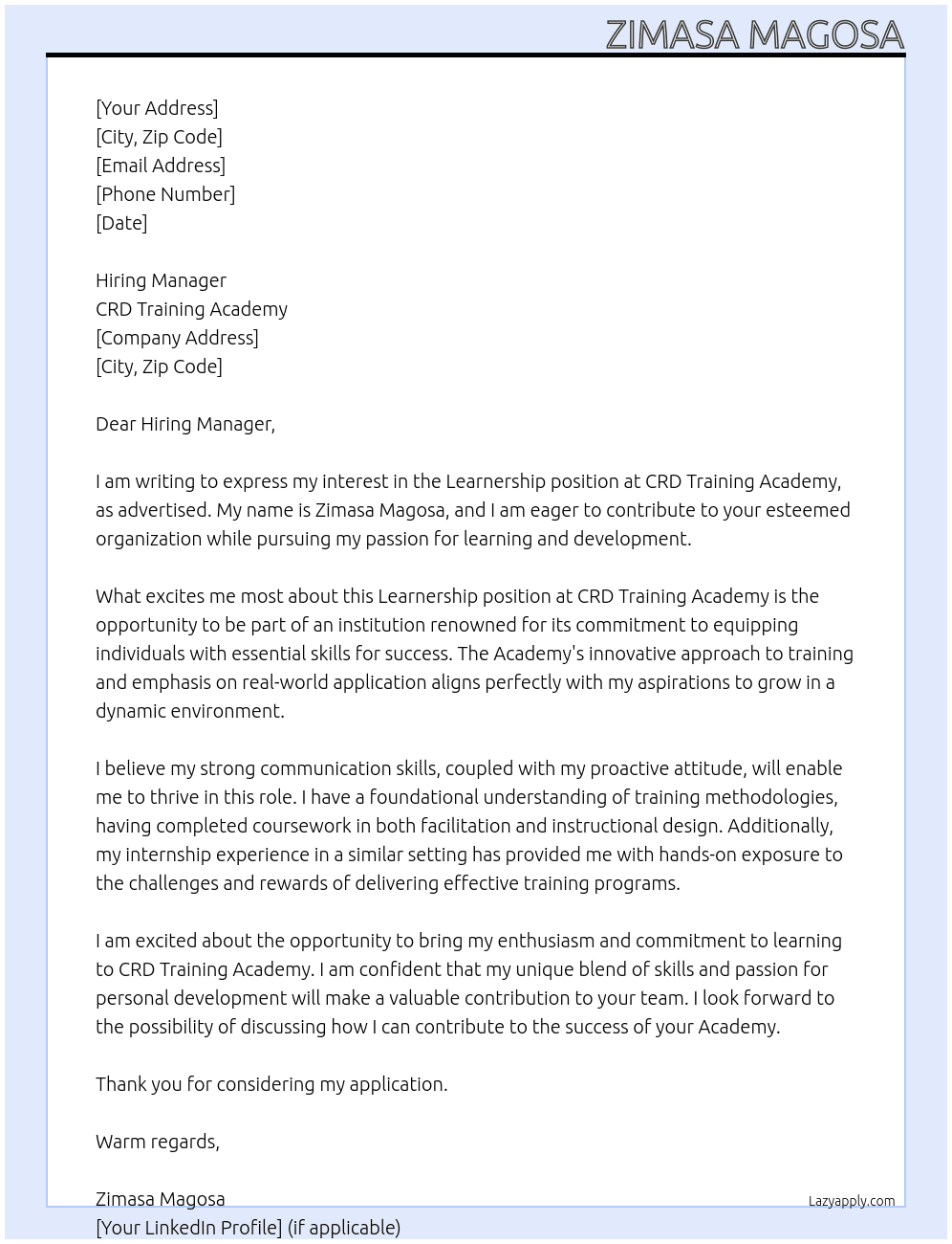 Learnership At CRD Training Academy Cover Letter