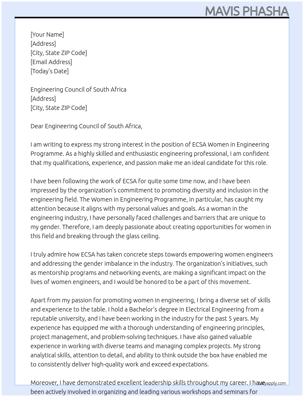 ECSA Women in Engineering Programme At ECSA Cover Letter