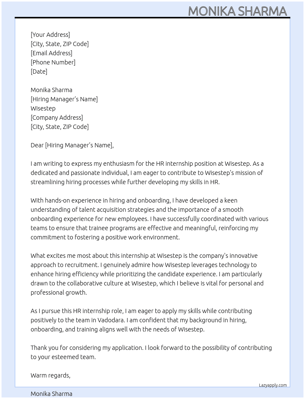 Hr internship  At Wisestep Cover Letter