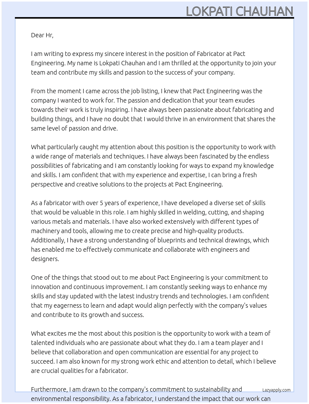  fabricator  At Pact engreeing  Cover Letter