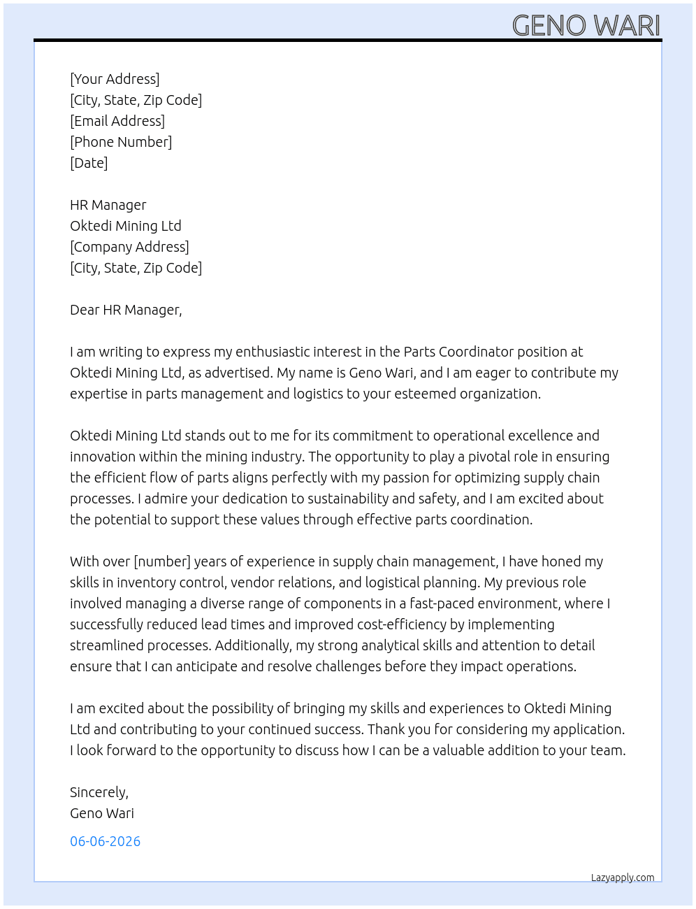 Parts coordinator At oktedi mining Ltd Cover Letter