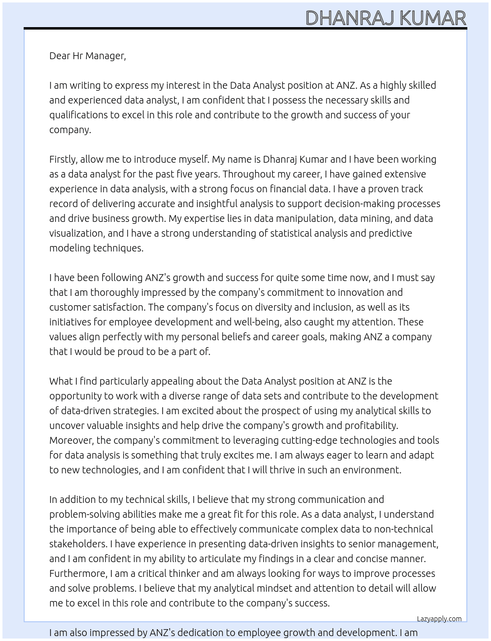 Data Analyst At ANZ Cover Letter