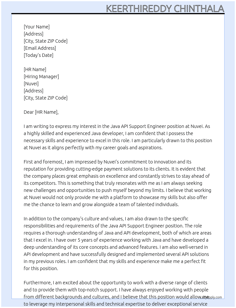 Java API support engineer At nuvei Cover Letter