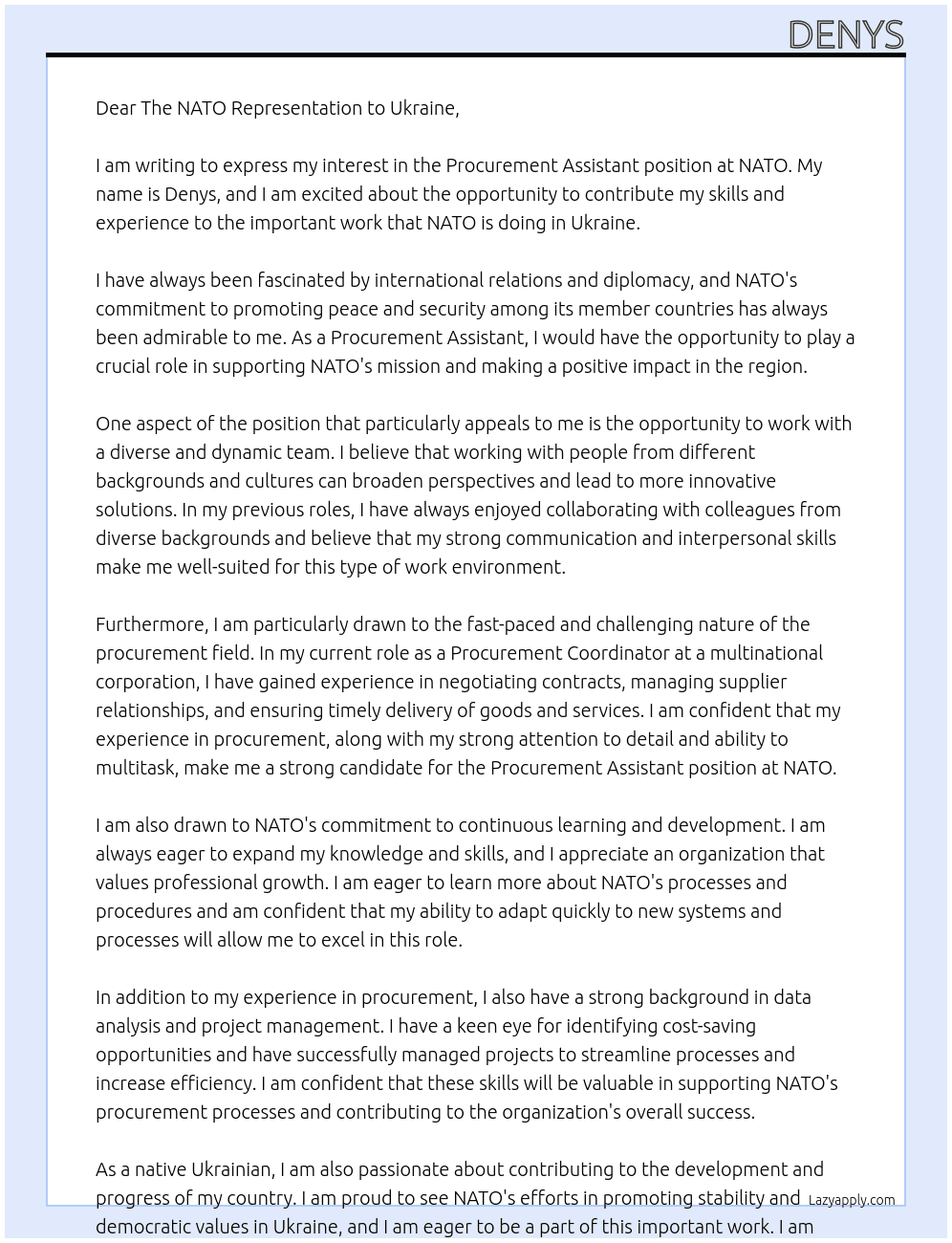Procurement Assistant At NATO Cover Letter