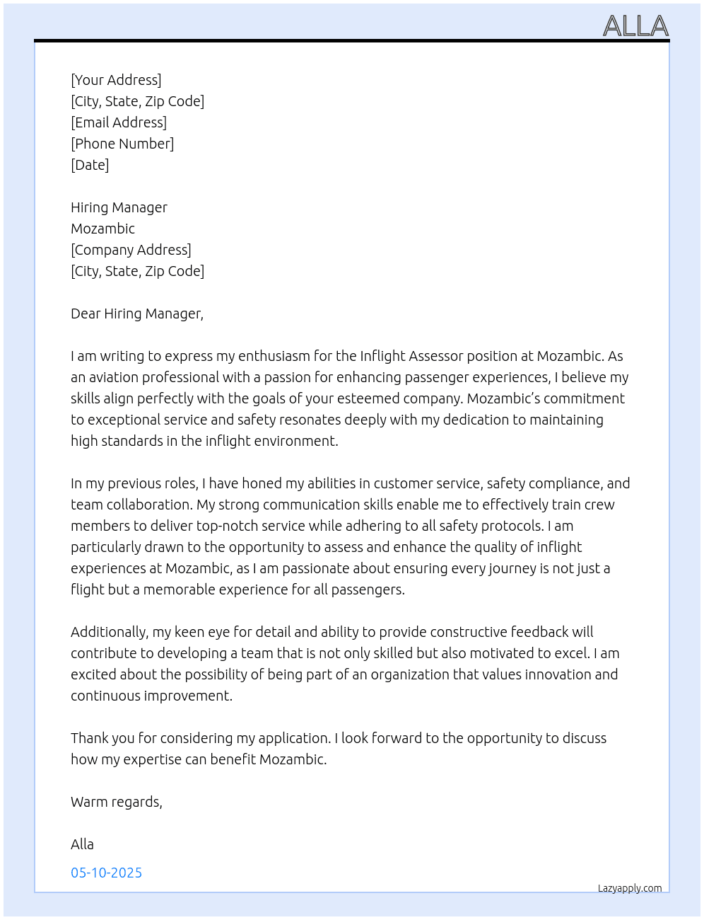 Cover letter for inflight assessor - LazyApply