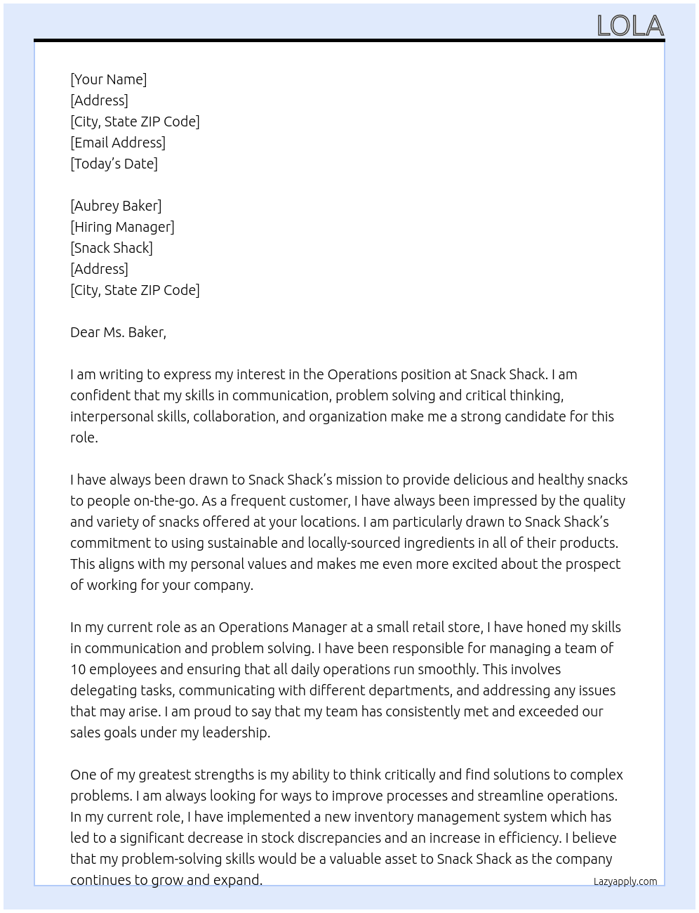 Operations  At Snack shack  Cover Letter