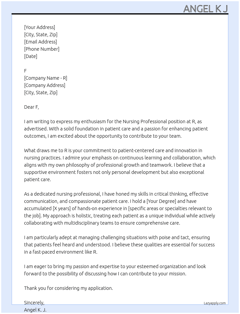 Cover letter for nursing professionals - LazyApply
