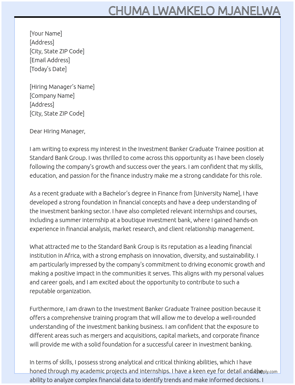 Cover letter for investment banker graduate trainee - LazyApply