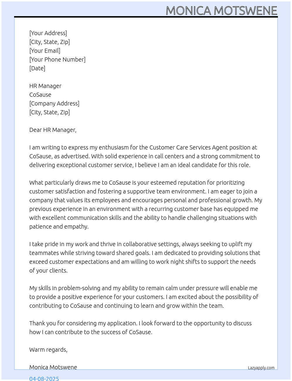 Customer Care Services Agent At CoSause Cover Letter