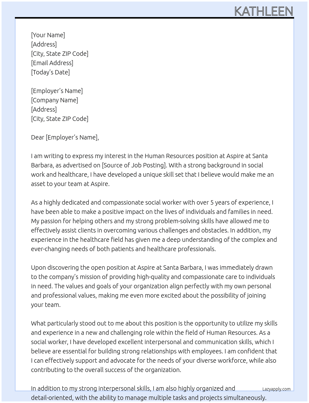 Human Resources At Aspire at Santa Barbara Cover Letter