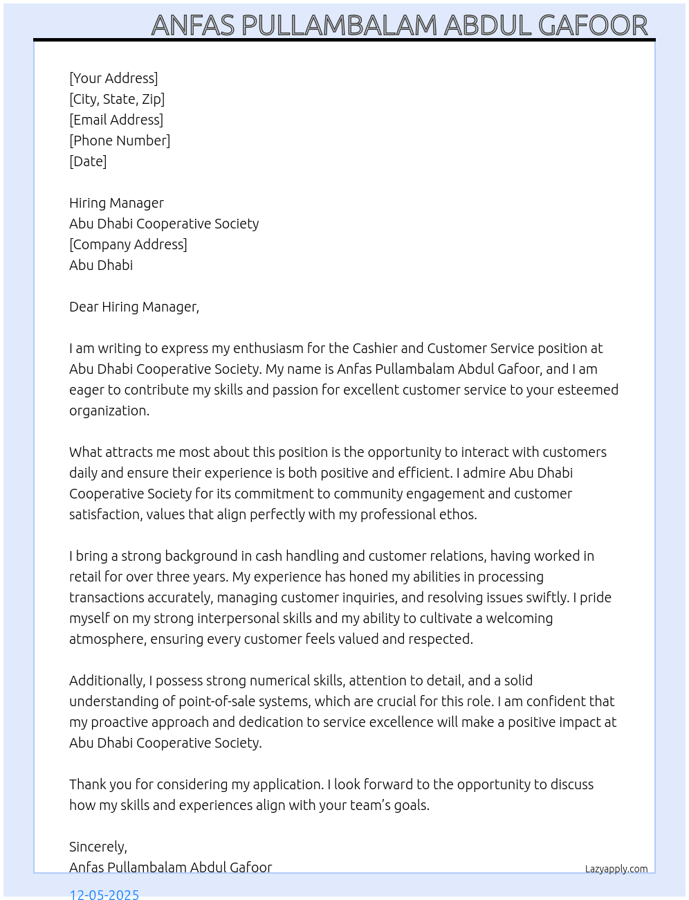 Cover letter for cashier & customer service - LazyApply