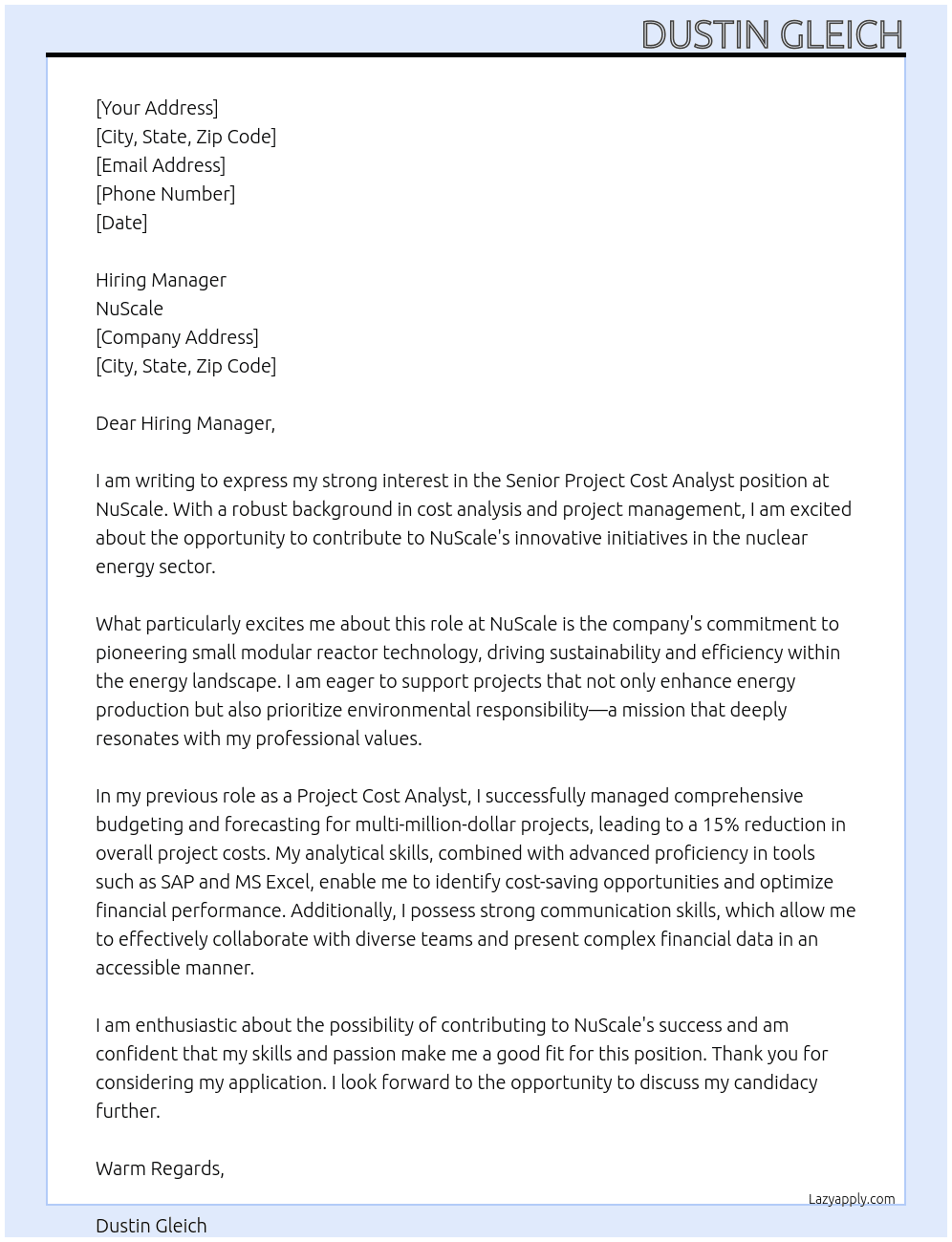 Senior Project Cost Analyst At NuScale Cover Letter