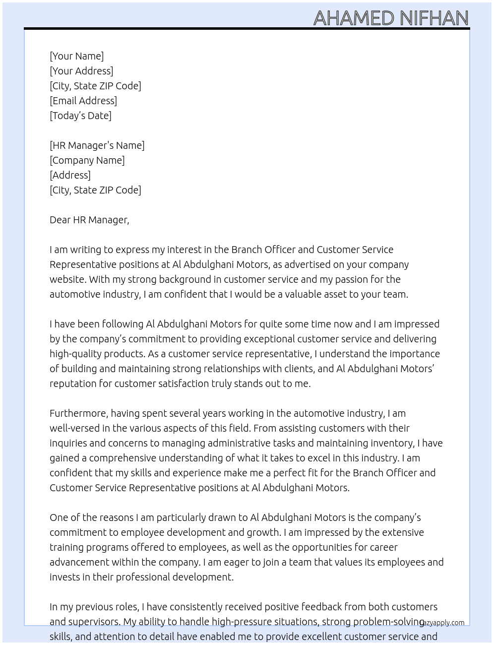 Branch Officer and Customer service representative  At Al Abdulghani Motors  Cover Letter