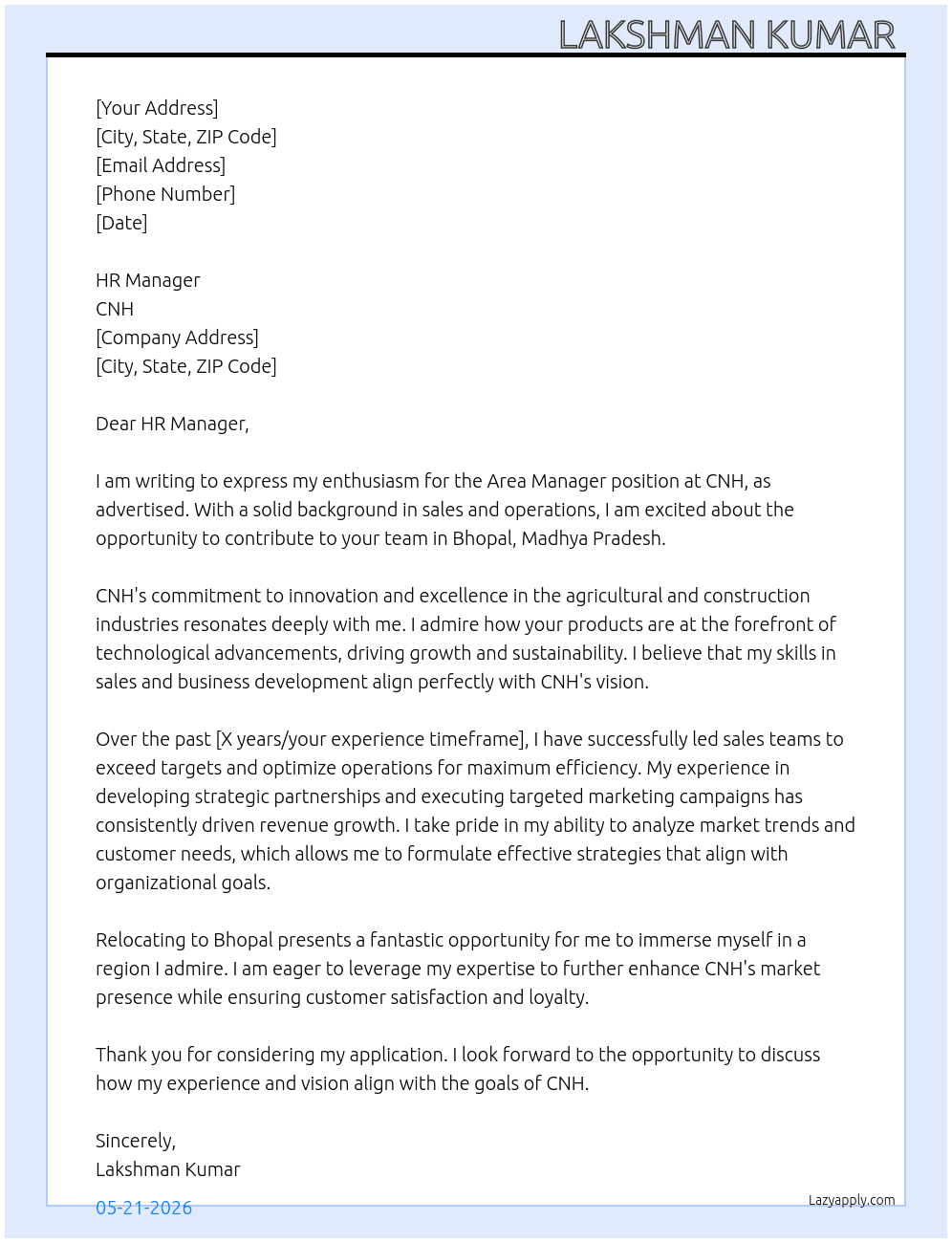 Area manager  At CNH Cover Letter