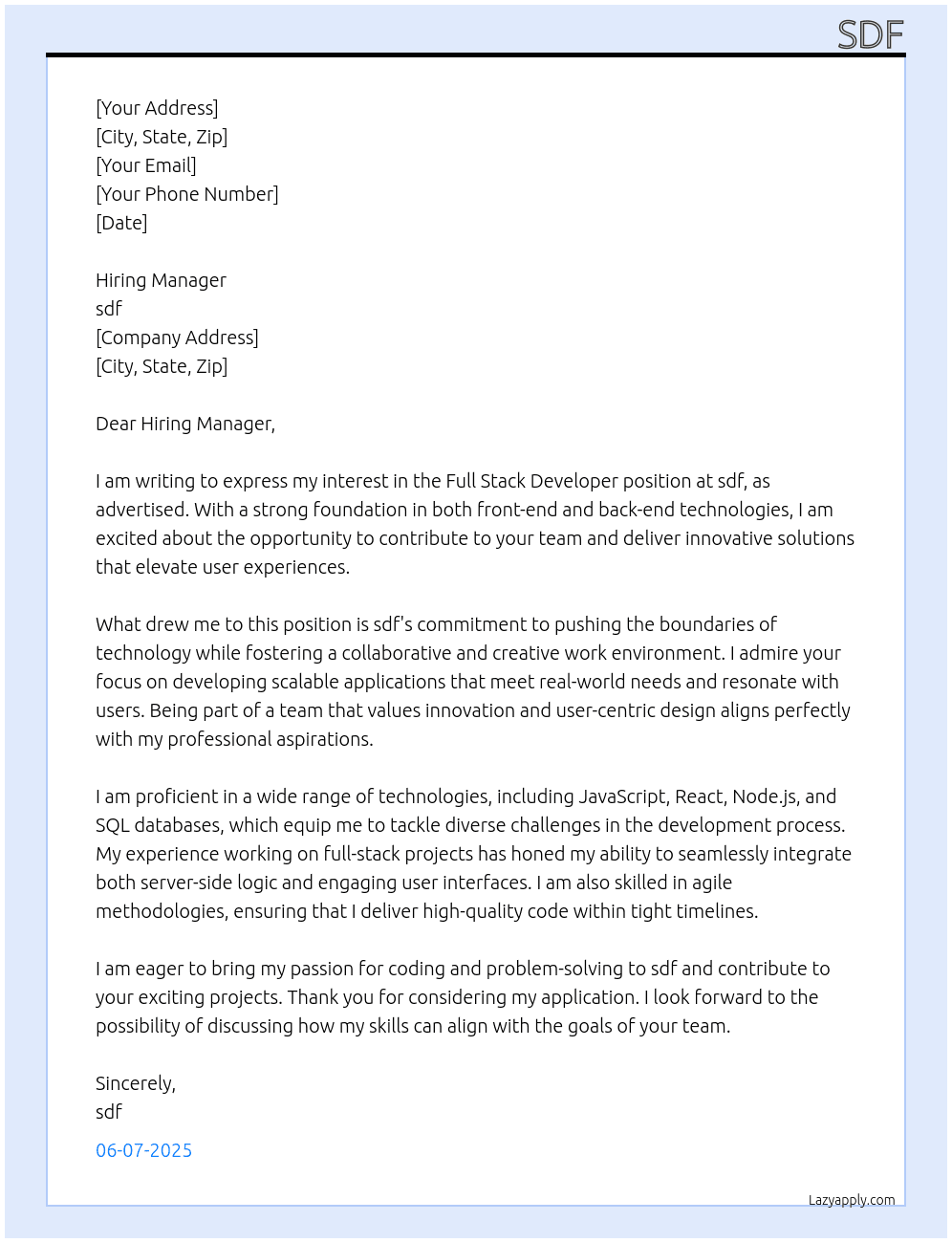 Full Stack Developer At sdf Cover Letter