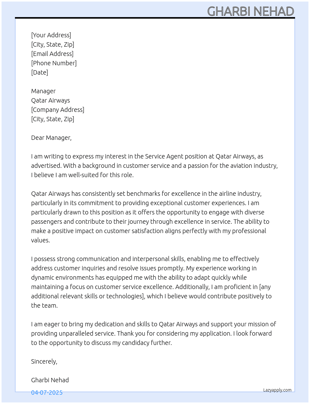 service agent At qatar airways Cover Letter