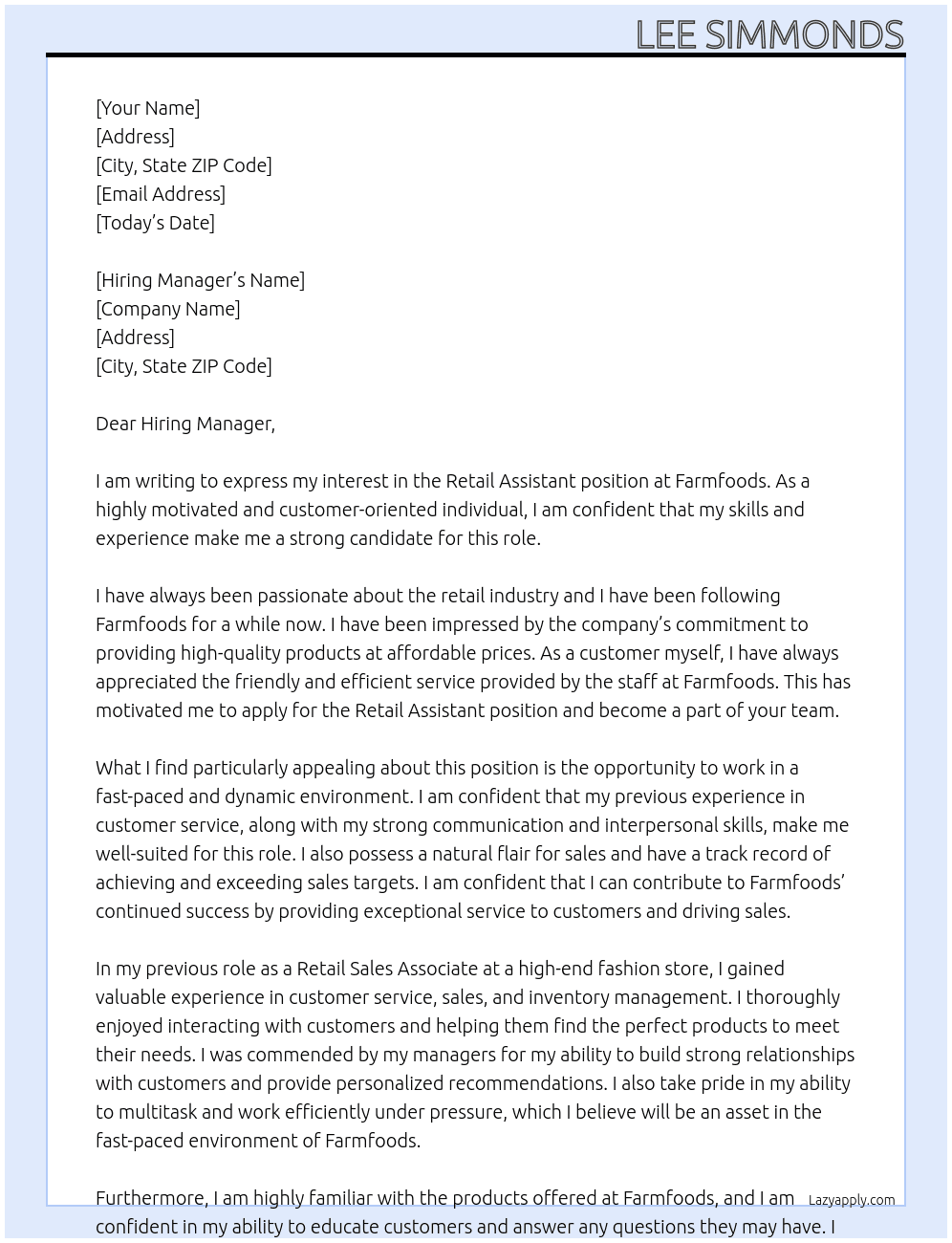 Retail Assistant At Farmfoods Cover Letter