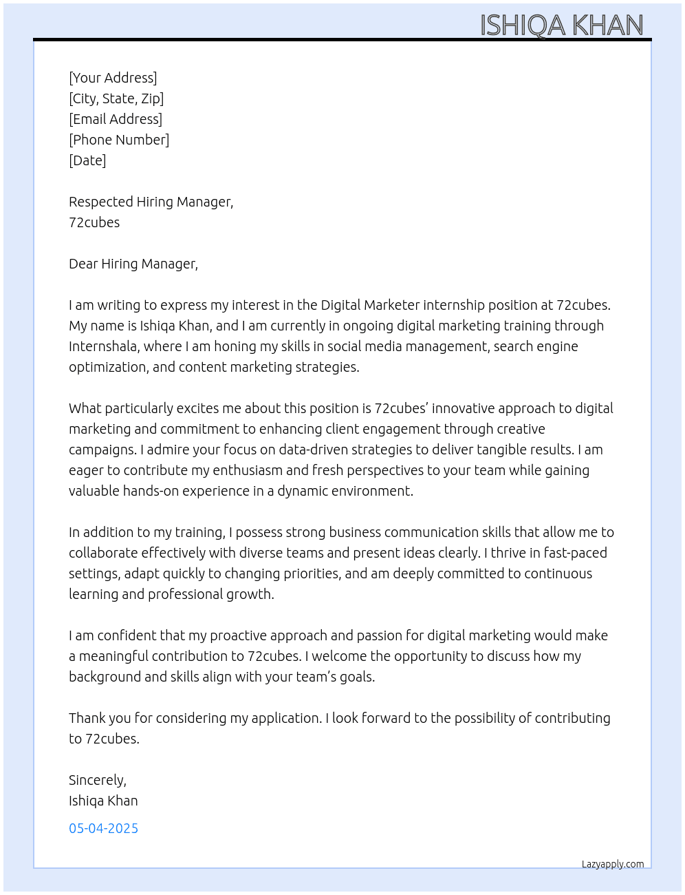 Digital marketer At 72cubes Cover Letter