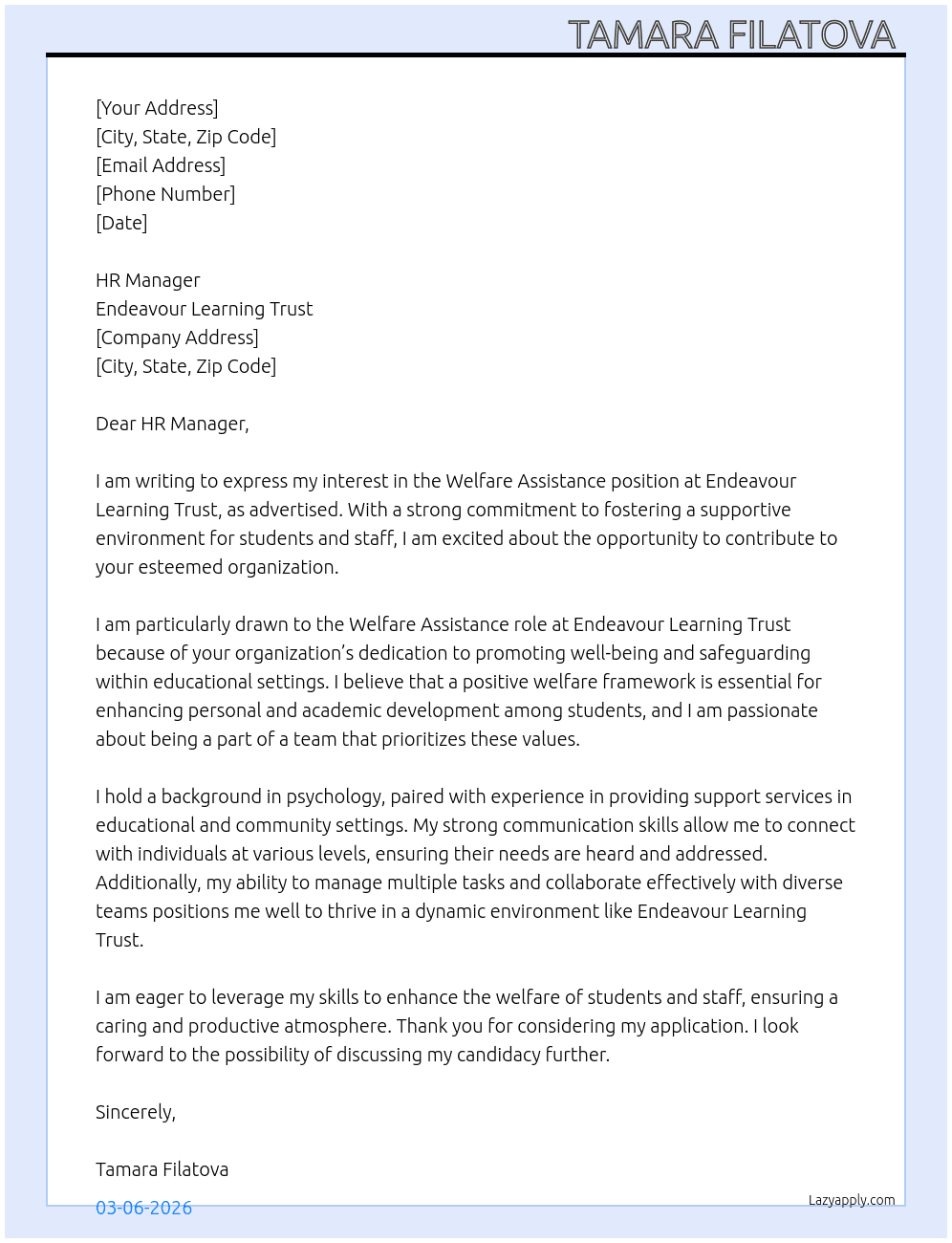 Welfare assistance  At Endeavour Learning Trust Cover Letter