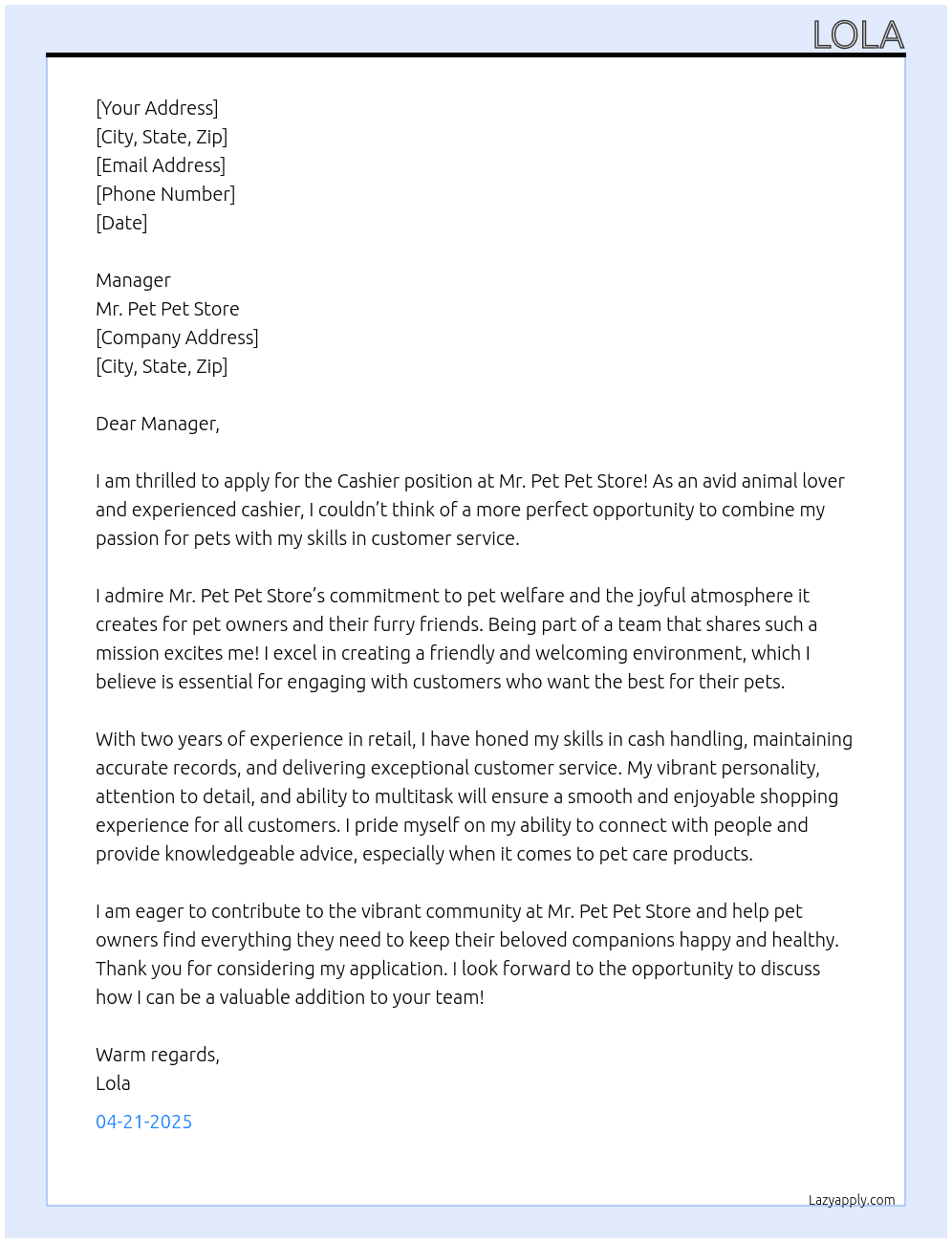 Cashier  At Mr pet pet store Cover Letter