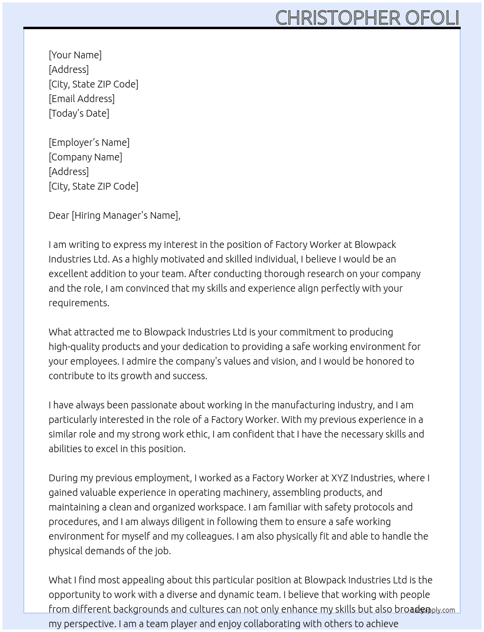 Factory Worker  At Blowpack industries Ltd Cover Letter