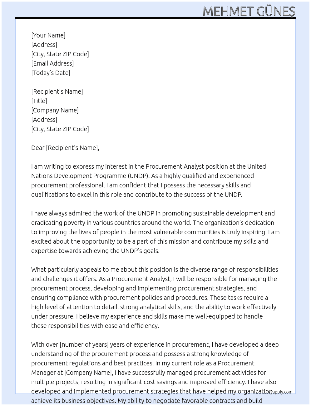 Procurement Analyst UNDP At United Nations Development Programme Cover Letter