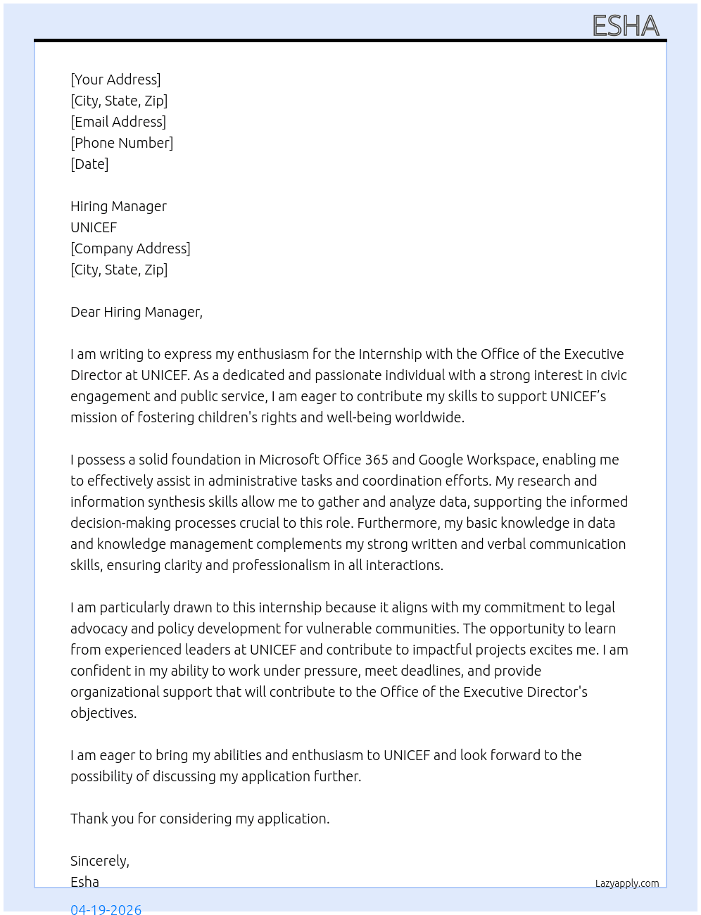 Internship with the Office of the Executive Director At Unicef Cover Letter