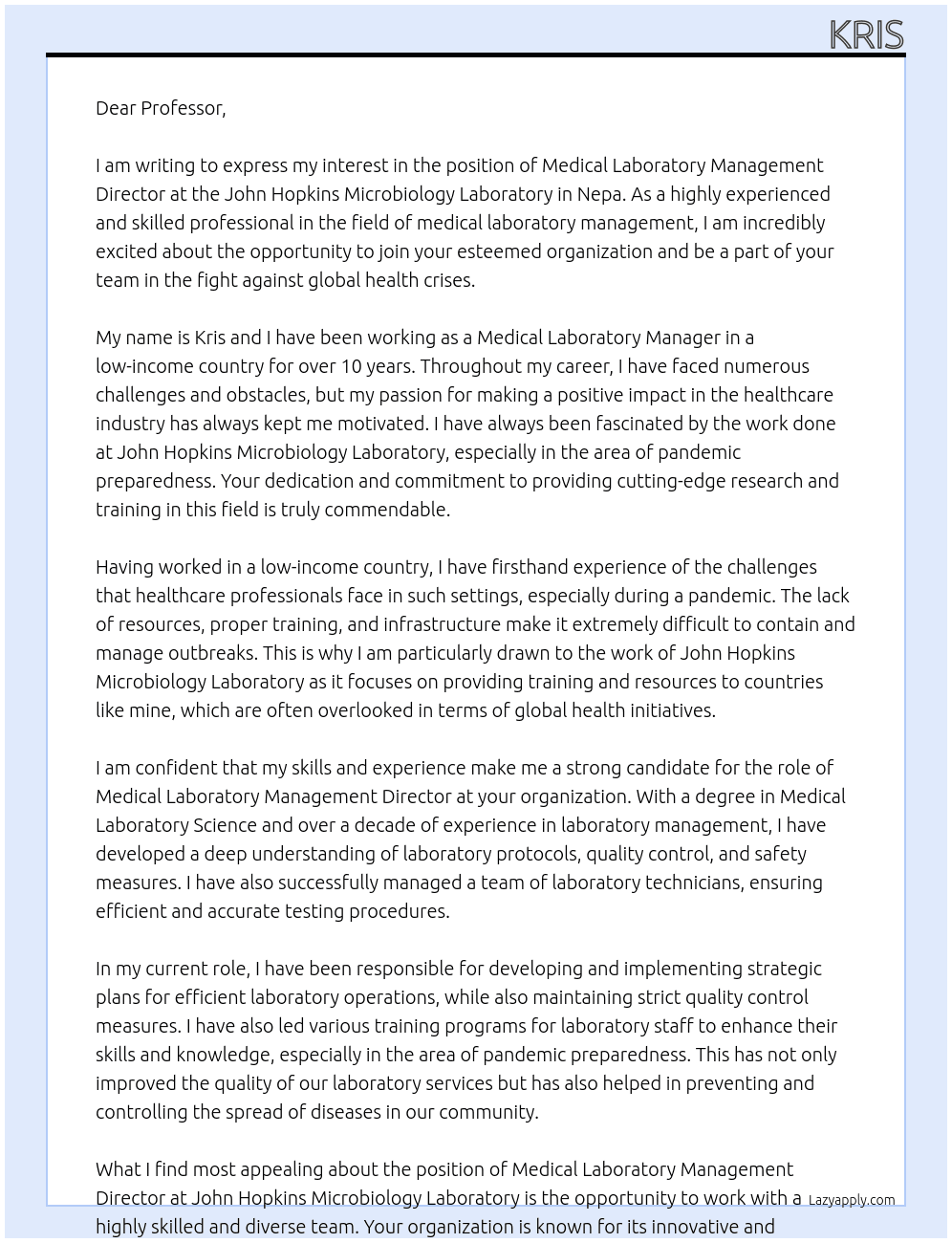 Cover letter for medical laboratory management director in nepa, practicing in a low income country - LazyApply