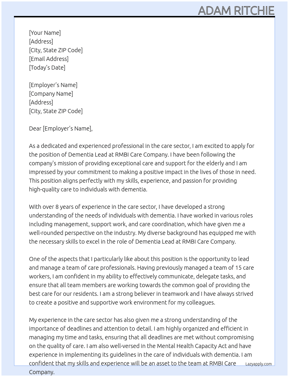 Dementia Lead At RMBI Care company Cover Letter