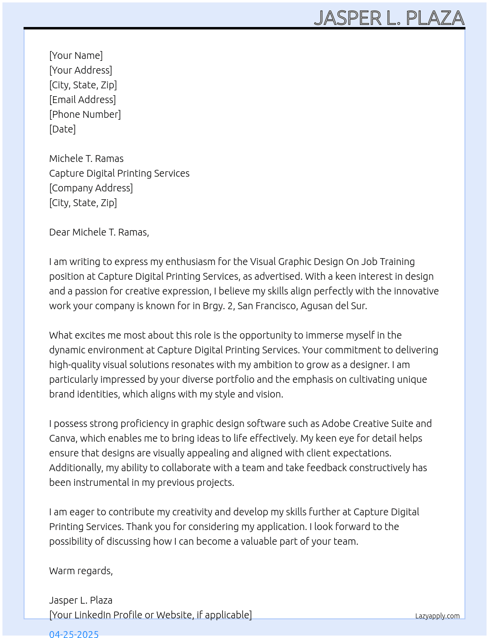 VISUAL GRAPHIC DESIGN At CAPTURE DIGITAL PRINTING SERVICES Cover Letter