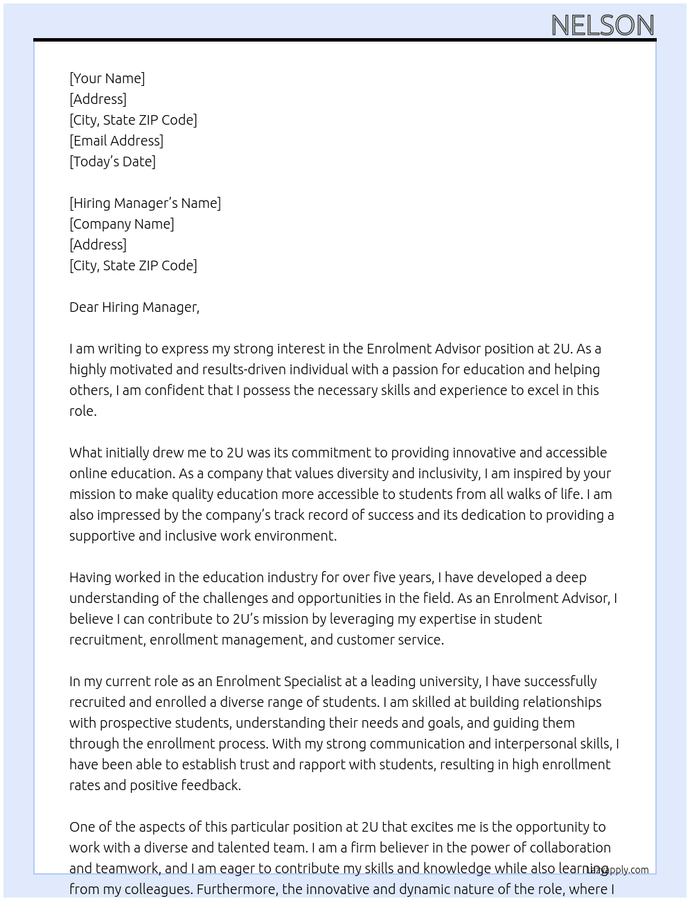 Enrolment Advisor At 2U Cover Letter