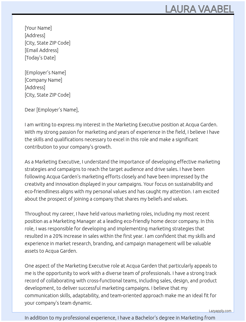 Marketing Executive At Acqua Garden Cover Letter