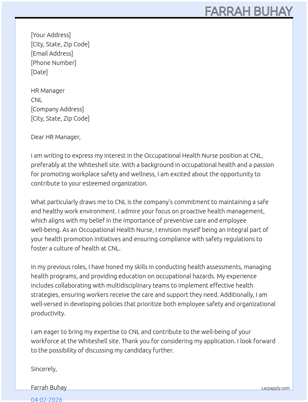Occupational Health Nurse At CNL Cover Letter