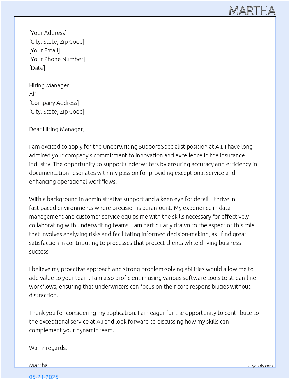 Cover letter for underwriting support specialist - LazyApply