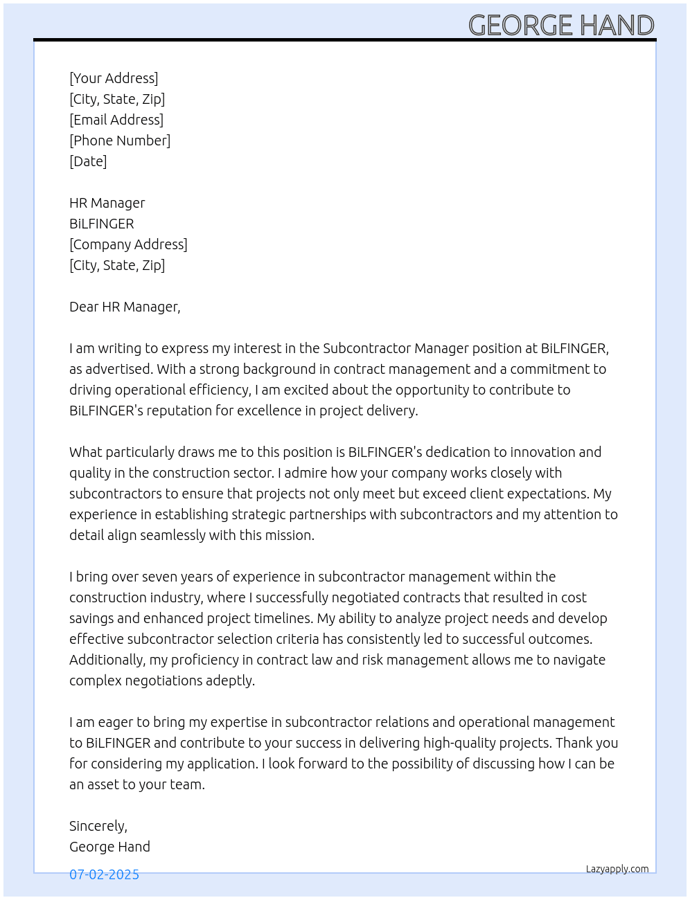 Subcontractor Manager At BiLFINGER Cover Letter