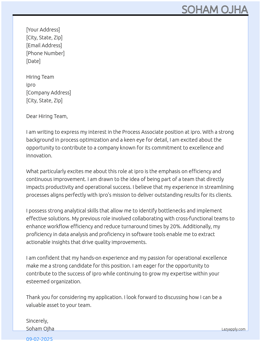 Process Associate At ipro Cover Letter