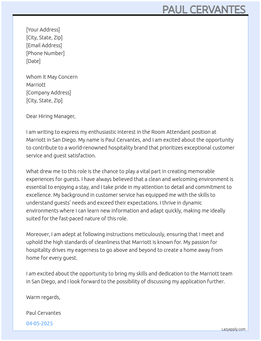 Room Attendant  At Marriott  Cover Letter