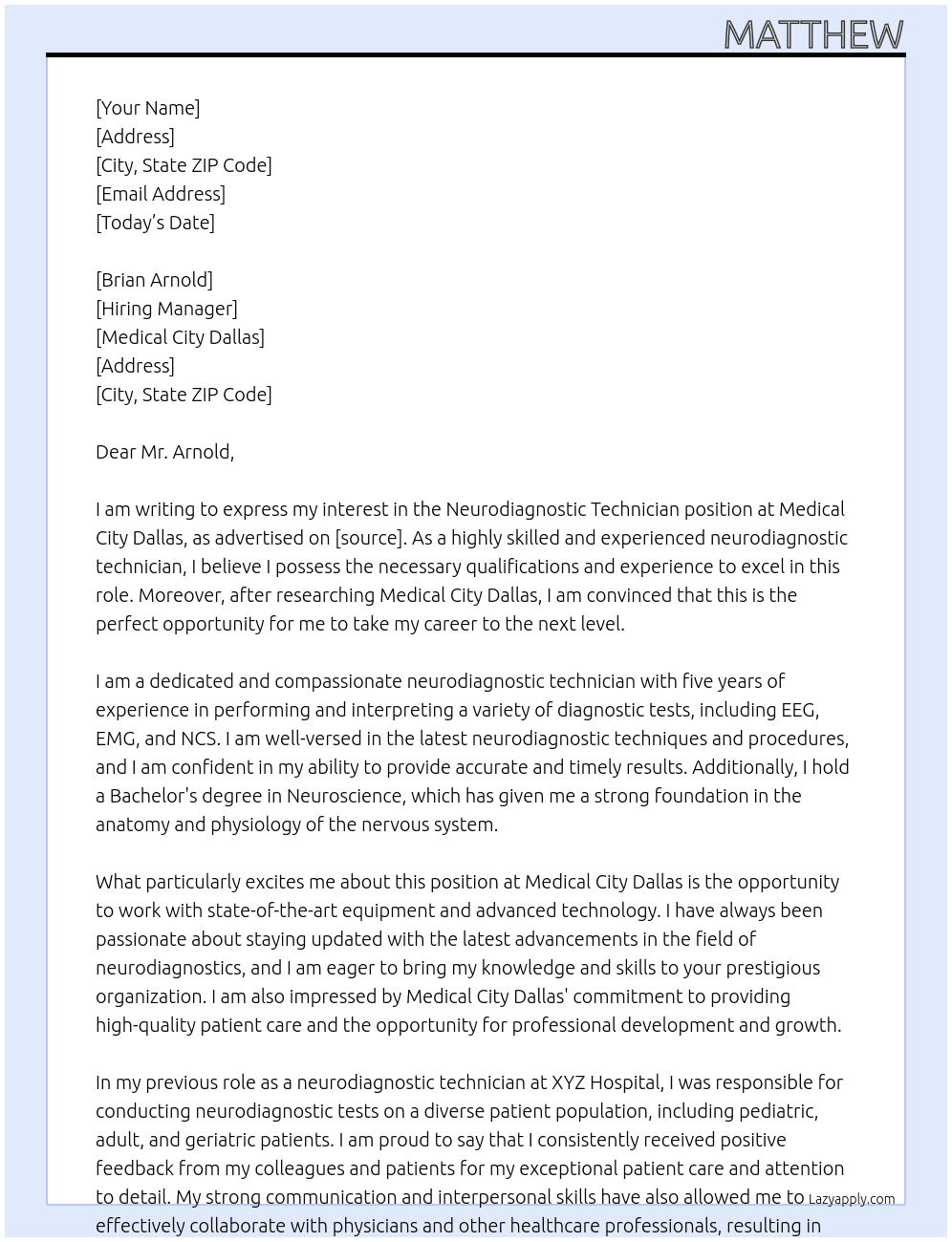 Neurodiagnostic Technician At Medical City Dallas Cover Letter