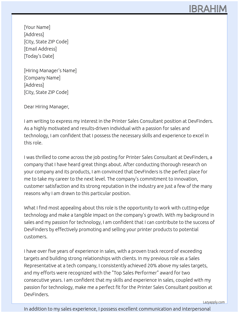 Printer Sales Consultant At DevFinders Cover Letter