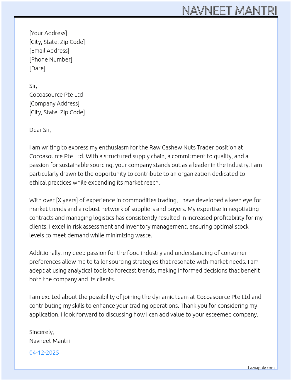 Raw Cashew Nuts Trader At Cocoasource Pte Ltd Cover Letter