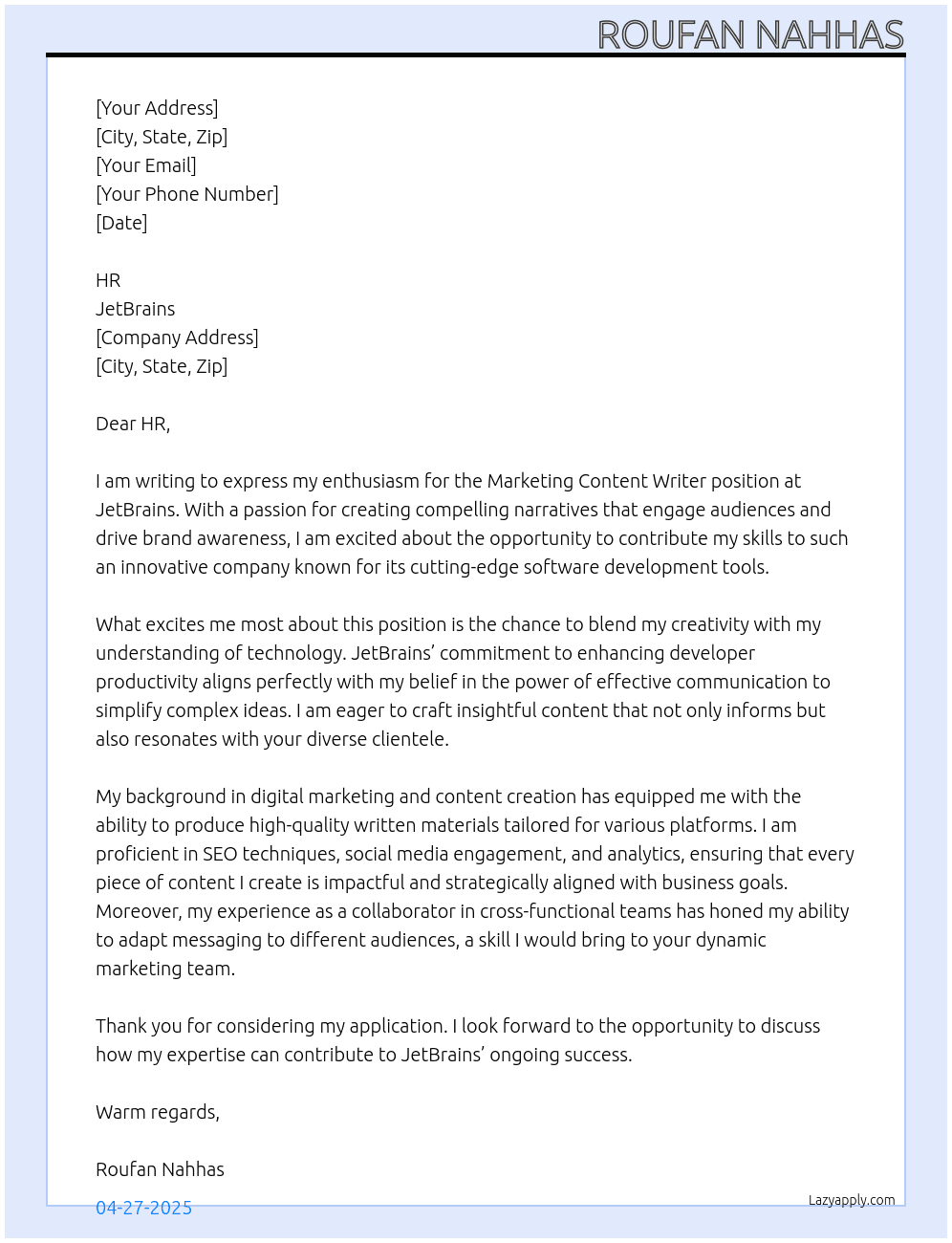 Cover letter for marketing content writer - LazyApply