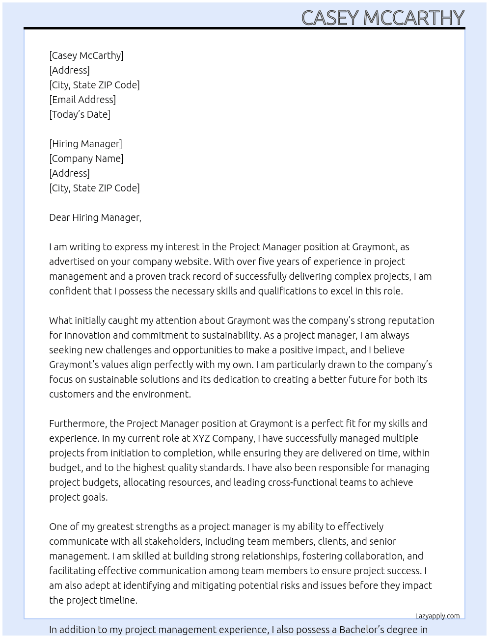 Project Manager At Graymont Cover Letter