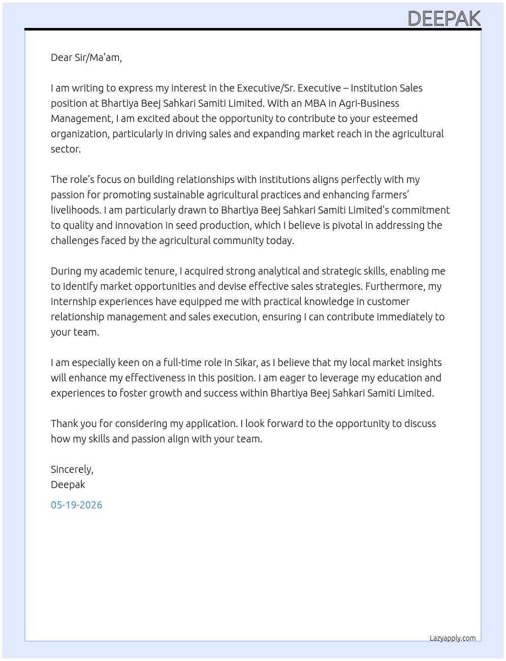 Cover letter for executive / sr. executive – institution sales - LazyApply