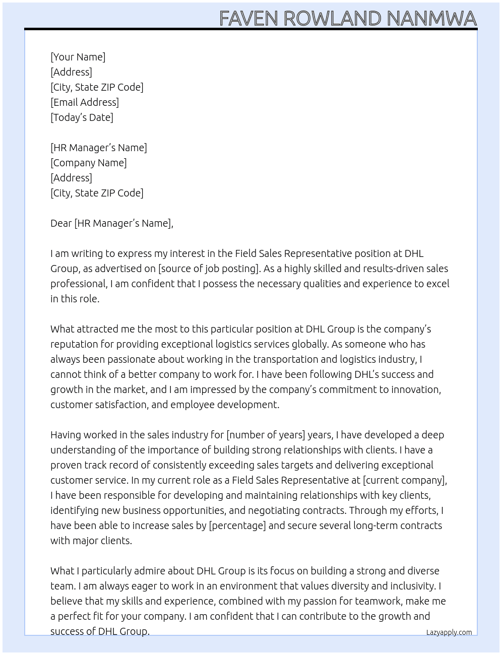Field Sales Representative At DHL Group Cover Letter