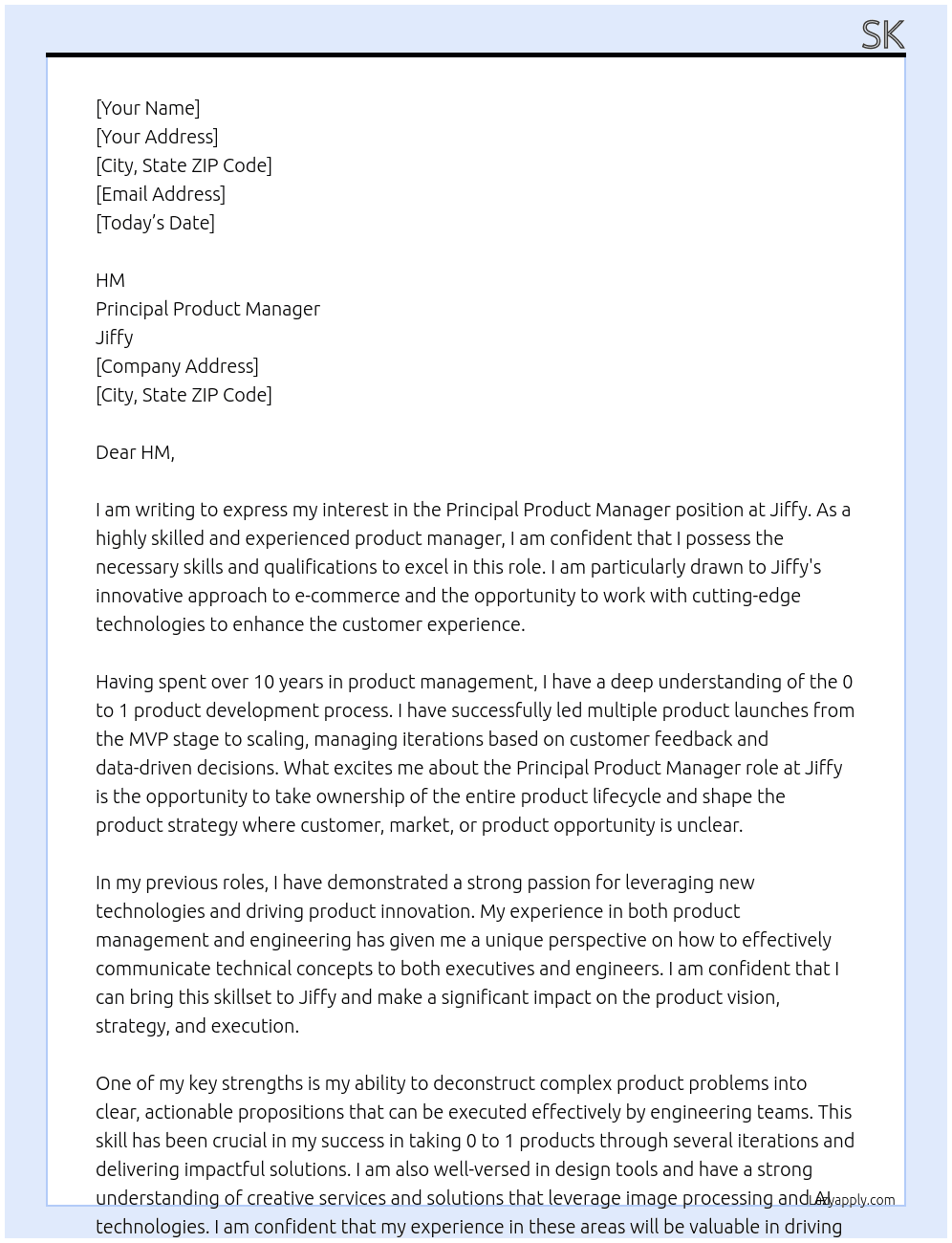 Principal Product Manager At Jiffy Cover Letter